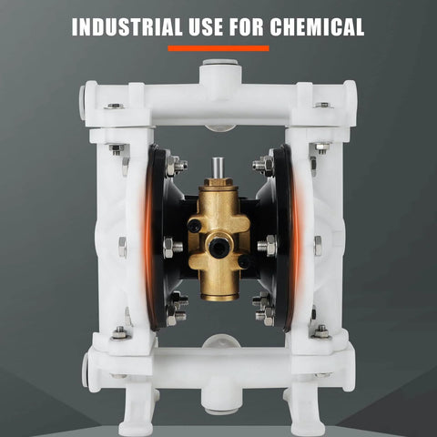 Front view of air operated double diaphragm pump with half inch inlet and outlet, QBK-15, 12 GPM and up to 120 PSI, PTFE diaphragm pneumatic transfer pump for petro, diesel, grease and low viscosity fluids.