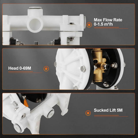 Air Operated Double Diaphragm Pump With Half Inch Inlet And Outlet, QBK-15, showing components and specifications for flow rate and lift.