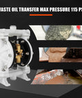 Air Operated Double Diaphragm Pump With Half Inch Inlet And Outlet, QBK-15 for waste oil transfer, shown with max pressure 115 PSI
