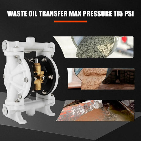 Air Operated Double Diaphragm Pump With Half Inch Inlet And Outlet, QBK-15 for waste oil transfer, shown with max pressure 115 PSI