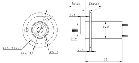 Technical diagram of multiple wire electrical slip ring collector rotary connector, 22mm diameter, gold contact, 360 degree rotation.