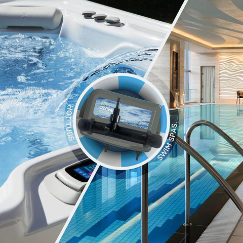 Venturi Ozone Injector For Pools And Spas, Built Tough PVDF Body In Black, shown near a pool and spa setting
