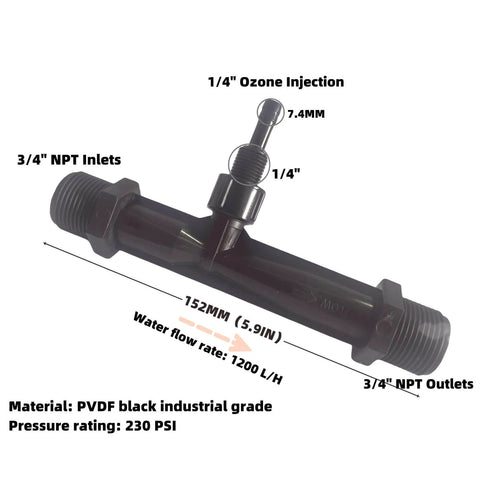 Venturi Ozone Injector For Pools And Spas, Built Tough PVDF Body In Black, Three Quarter Inch NPT Inlets And Outlets Diagram