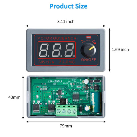 Product dimensions for Beast Power DC Motor Speed Controller 9V To 60V 12A 500W PWM Control with circuit board view.