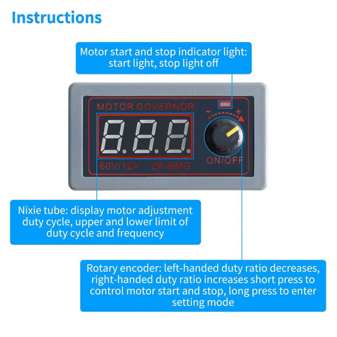 Front view of the Beast Power DC Motor Speed Controller, showing digital display and rotary switch for 9V to 60V, 12A, 500W PWM control.