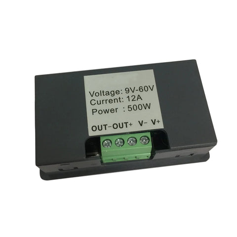 Wide Voltage PWM Motor Speed Controller 9-60V 12A Beefed Up 500W, close-up of black casing with specifications label.
