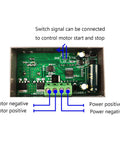 Inside view of Wide Voltage PWM Motor Speed Controller showing circuit board layout with labeled motor and power connections.