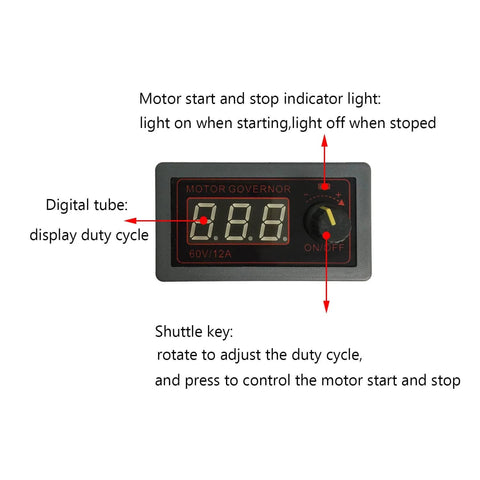 Display of Wide Voltage PWM Motor Speed Controller 9-60V 12A Beefed Up 500W Mini Speed Regulator with indicator lights and knob.