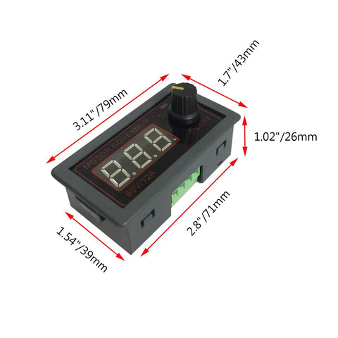 Wide Voltage PWM Motor Speed Controller 9-60V 12A Beefed Up 500W Mini Speed Regulator with stepless rotary knob and dimensions shown