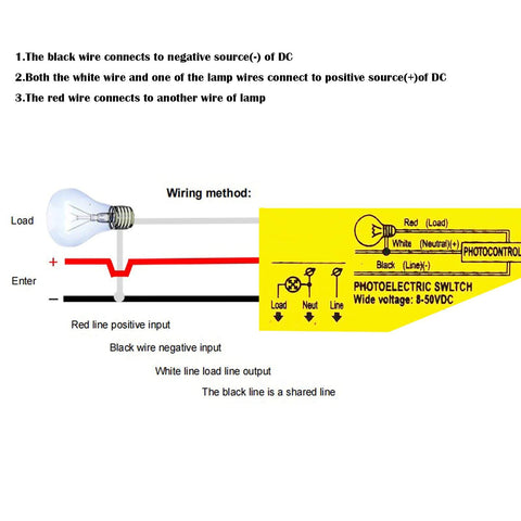 Wiring diagram for Photocell Light Control Switch For Outdoor Lighting Auto On At Dusk Off At Dawn 8V To 50V DC Sensor 3.5A Three Wire.