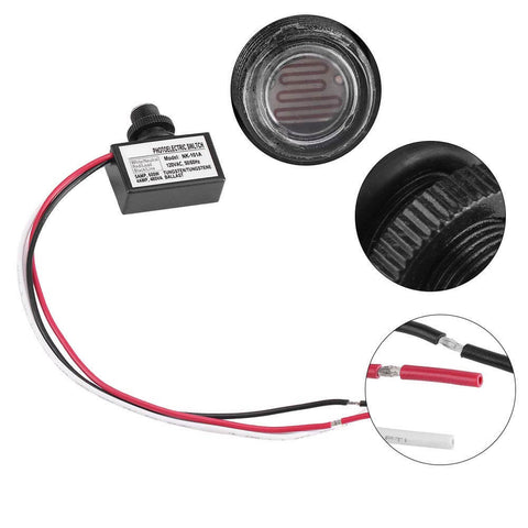 120VAC Photoelectric Light Sensor Auto On Off Switch for lighting fixtures with wiring and sensor details shown