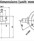 Technical diagram of Photoelectric Incremental Rotary Encoder 600 P R, 6mm Shaft, 5-24 VDC with dimensions and specifications.