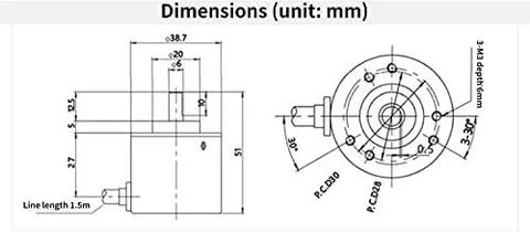 Technical diagram of Photoelectric Incremental Rotary Encoder 600 P R, 6mm Shaft, 5-24 VDC with dimensions and specifications.