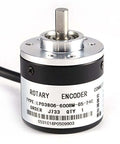 Close-up of Photoelectric Incremental Rotary Encoder 600 P R, 6mm Shaft, 5-24 VDC, AB Phase Output with visible labeling and wiring.