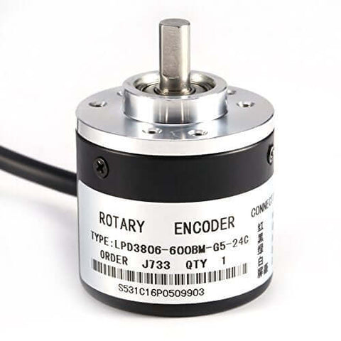 Close-up of Photoelectric Incremental Rotary Encoder 600 P R, 6mm Shaft, 5-24 VDC, AB Phase Output with visible labeling and wiring.