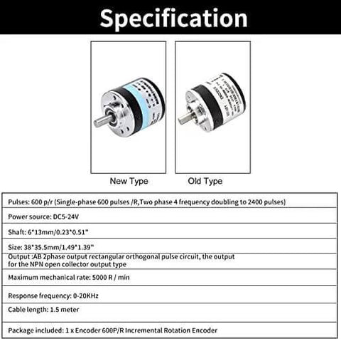 Specification sheet for Photoelectric Incremental Rotary Encoder 600 P R, 6mm Shaft, 5-24 VDC, AB Phase Output with new and old types.
