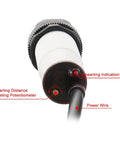 Photoelectric Sensor E3F-R4P2 Retroreflective Optical Switch Pro Grade, close-up of adjusting potentiometer, indicator light, power wire.
