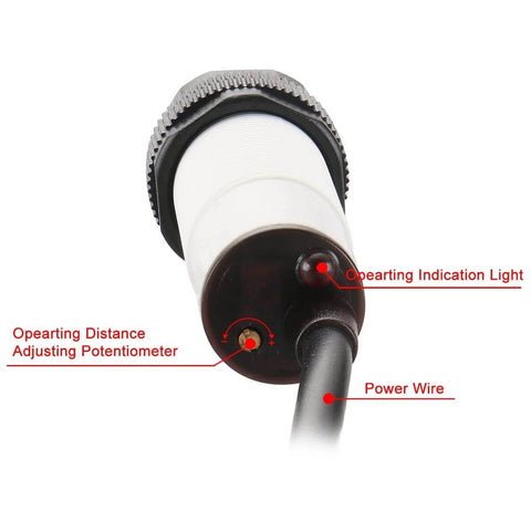 Photoelectric Sensor E3F-R4P2 Retroreflective Optical Switch Pro Grade, close-up of adjusting potentiometer, indicator light, power wire.