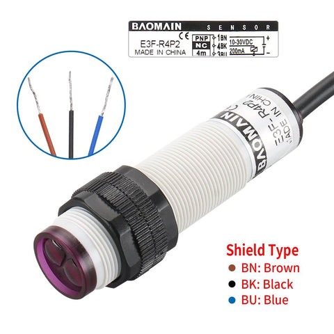 Photoelectric Sensor E3F-R4P2 Retroreflective Optical Switch with M18 thread, cable, and wiring diagram, for industrial use.