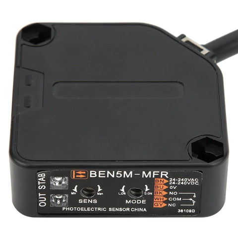 Close-up of a Photoelectric Sensor Switch 24-240V AC/DC with VR adjustable sensitivity, relay output, and universal compatibility