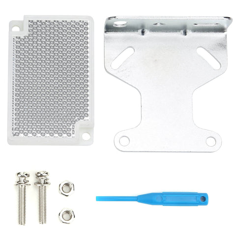 Mounting components for Photoelectric Sensor Switch 24-240V AC/DC with 5 Meter Detection Beam, bracket, screws, and tool included.