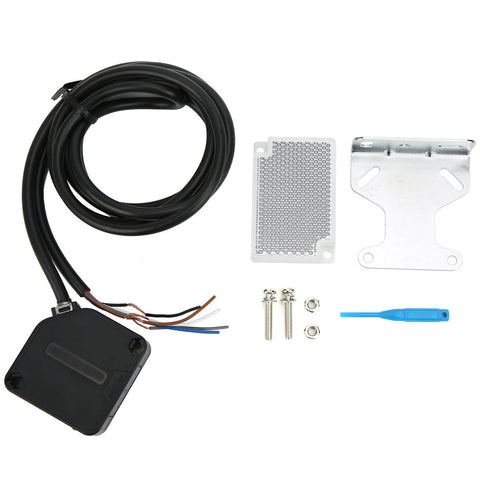 Photoelectric Sensor Switch 24-240V AC/DC with 5 Meter Detection Beam shown with installation accessories and bracket
