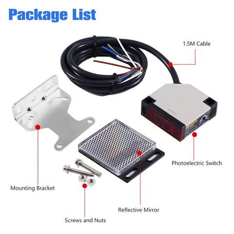 Photoelectric Sensor Switch With Square Lens E3JK R4M1 package includes switch, mounting bracket, reflective mirror, cable, screws.