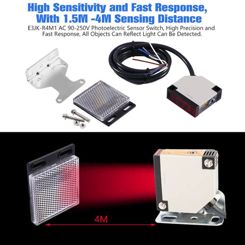 Photoelectric Sensor Switch With Square Lens E3JK R4M1 AC 90 To 250V 3A for object presence detection, components shown separately