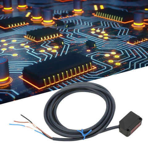 Photoelectric Switch Sensor E3Z D61 12 24V DC beside circuit board, NPN Output, infrared tech, for machinery automation