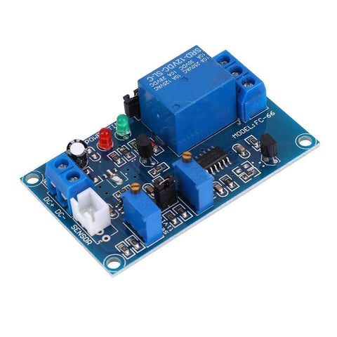 Photoresistor Relay Module With Photocell Sensor And Auto Light Switch, blue circuit board front view, adjustable delay, 12V DC