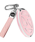 Car Key Fob Cover With Soft TPU 360 Degree Protection Leather Keychain Fits 5 Button Smart Keys Pink Color