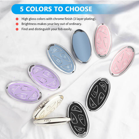 Car Key Fob Cover With Soft TPU 360 Degree Protection Leather Keychain Fits 5 Button Smart Keys Pink Color Signal Friendly Case
