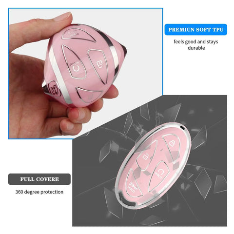 Car Key Fob Cover with Soft TPU 360 Degree Protection Leather Keychain fits 5 Button Smart Keys in pink, held in hand, front view.