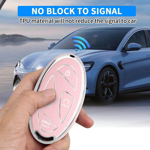Car Key Fob Cover With Soft TPU 360 Degree Protection Leather Keychain Fits 5 Button Smart Keys Pink Color Signal Friendly Case in hand