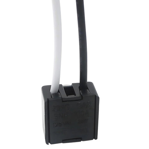 Close-up of plug and play no fuss easy install dusk till dawn photocell switch for 120V lighting, showing two-wire connectors.
