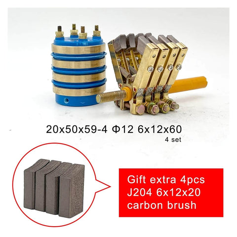 2 To 4 Way Slip Ring Assembly With Current Collector, Carbon Brush Holder, Plug And Play Rotary Electrical Connector For 20mm To 25mm Shaft, Top Notch Rotary Connector For Motors Robotics CNC And Automation, 20x50x59 Set displayed with additional carbon brushes.