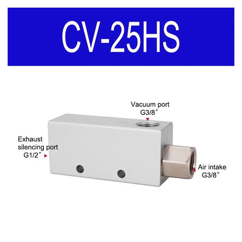 Pneumatic Vacuum Ejector System For Industrial Automation With Suction Cup And Air Pressure Control Valve CV 25 HS front view.