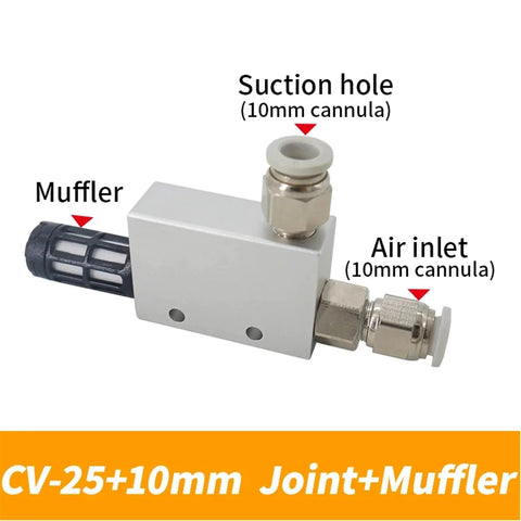Pneumatic Vacuum Generator CV25HS10mm With High Negative Venturi Air Exhaust Ejector, showing muffler and 10mm connectors