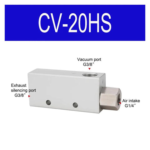 Beefy Pneumatic Vacuum Generator For Industrial Automation with labeled ports, air pressure control valve CV 20 HS, white casing