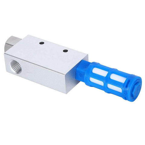 Pro Grade Pneumatic Vacuum Generator Pump With Muffler, Aluminum Alloy Ejector in silver and blue, side view