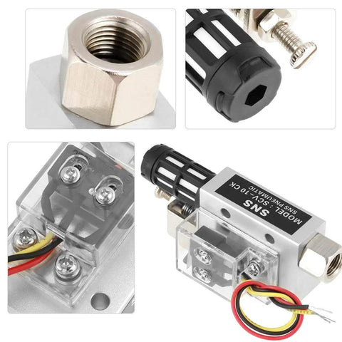 Industrial Vacuum Generator SCV10CK Pneumatic Vacuum Ejector with 1/4 inch female thread, depicted in various angles for automation use.