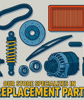 Assorted replacement car parts including belt, filter, shock absorber, wiper, and bearings; store offer highlighted.