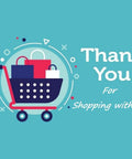 Illustration of a shopping cart with bags and thank you message on blue background