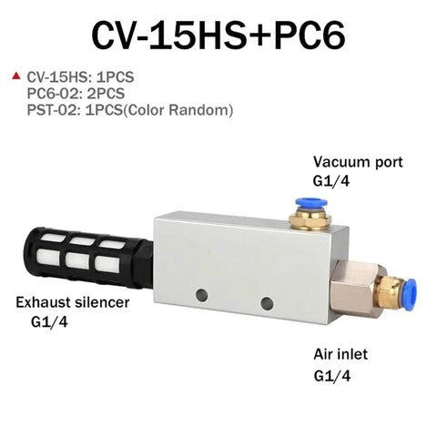 Premium Pneumatic Vacuum Generator CV-10HS with labeled ports and silencer for 15HS 20HS 25HS 30HS systems, industrial automation use
