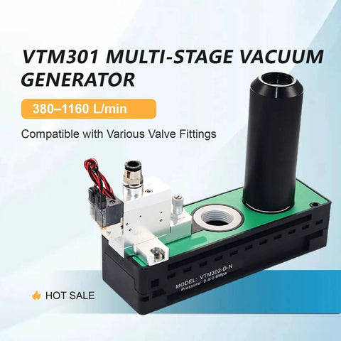 Pneumatic Vacuum Generator With Multistage Venturi Ejector for Industrial Automation model VTM301DNED displayed on marketing material