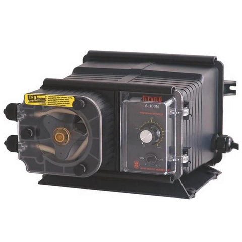 Flexflo A100N Metering Feeder Pump 115V, 24 GPD Dosing Pump for Pools and Spas, 0.37 Inch OD, industrial grade, side view