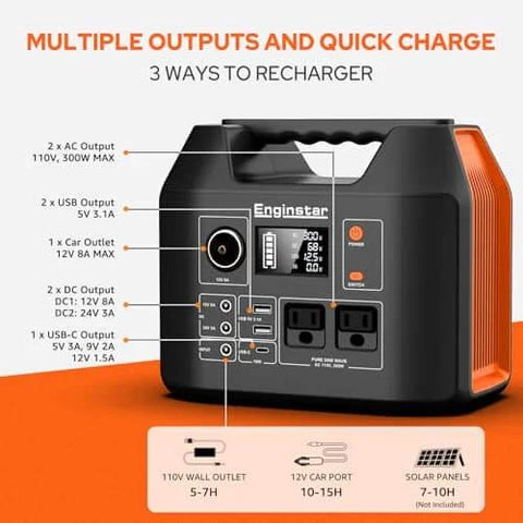 Portable Power Station 300W 296Wh with multiple outputs, quick charge features, and 110V pure sine wave outlet for camping, CPAP ready.