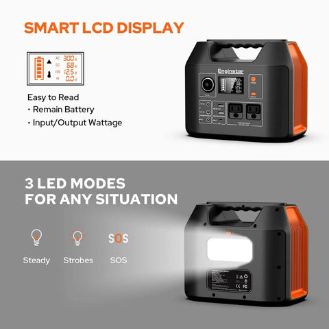 Portable Power Station 300W 296Wh With 110V Pure Sine Wave Outlet; features LCD display and LED light modes for camping, 6.5 lb