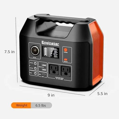 Front view of Portable Power Station 300W 296Wh with 110V pure sine wave outlet for outdoors, 9x5.5x7.5 in, 6.5 lb