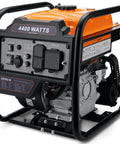 Gas Powered Inverter Generator 4400 Watts Peak, 3400 Running, Portable Open Frame with low noise, RV Ready, black and orange design.